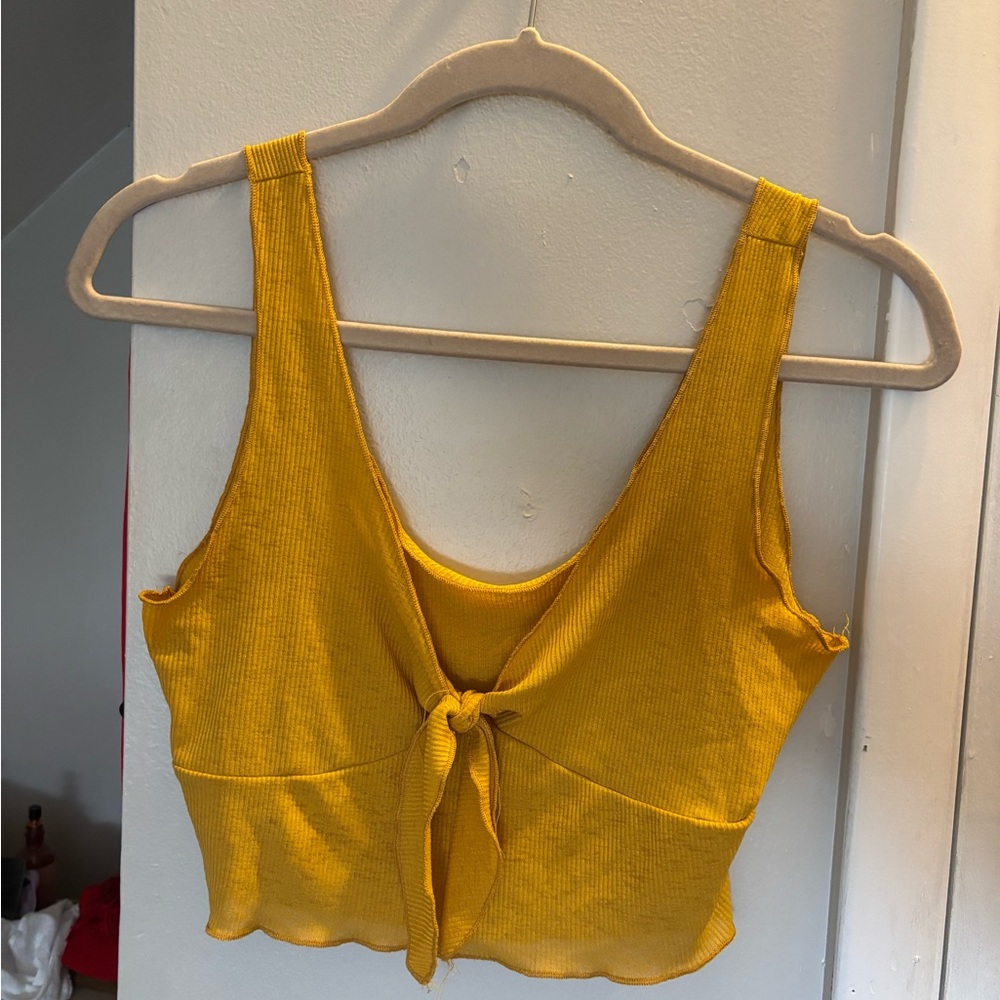 Yellow Tie-Front Ribbed Crop Top